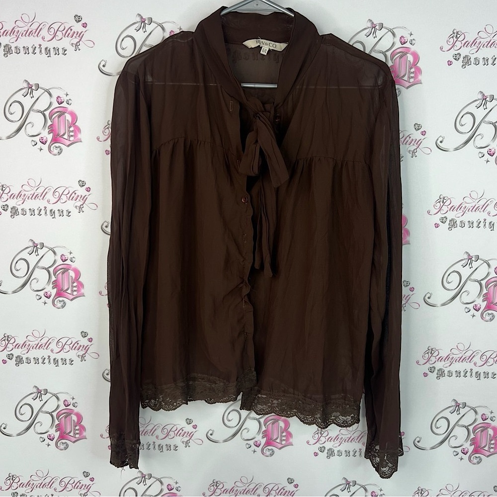 Rw&co blouse button up ribbon tie up neck detail lace ruffle Brown Women's Top